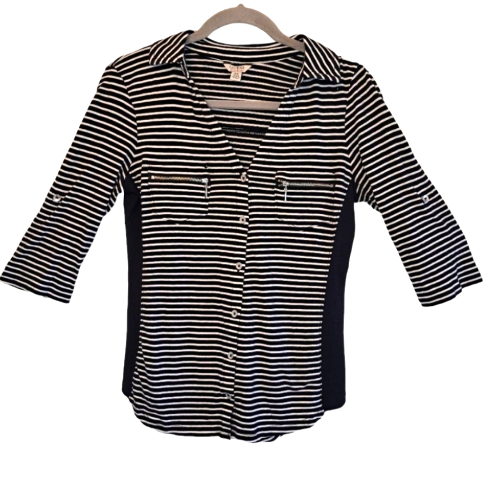 Guess Black White Striped Button Down Zip Pocket Roll Tab Sleeves Size Medium